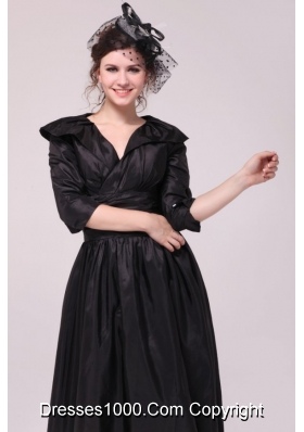 V-neck Half Sleeves Tea-length Taffeta Dresses for Prom in Black