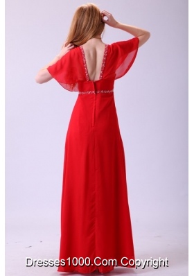 Fan Sleeves V-neck Red Chiffon Prom Celebrity Dress with Beading