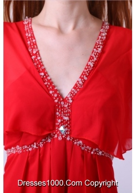 Fan Sleeves V-neck Red Chiffon Prom Celebrity Dress with Beading