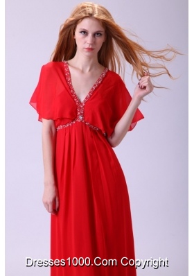 Fan Sleeves V-neck Red Chiffon Prom Celebrity Dress with Beading