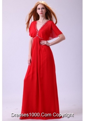 Fan Sleeves V-neck Red Chiffon Prom Celebrity Dress with Beading