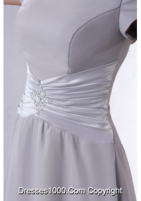 Short Sleeves Scoop Ankle-length Gray Chiffon Prom Gown Dress