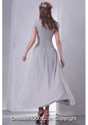 Short Sleeves Scoop Ankle-length Gray Chiffon Prom Gown Dress