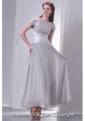 Short Sleeves Scoop Ankle-length Gray Chiffon Prom Gown Dress