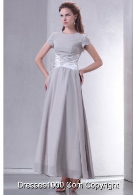 Short Sleeves Scoop Ankle-length Gray Chiffon Prom Gown Dress