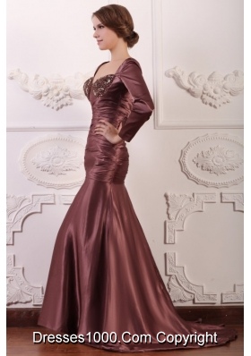 Square Long Sleeves Mermaid Brush Train Taffeta Prom Dresses