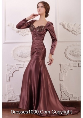 Square Long Sleeves Mermaid Brush Train Taffeta Prom Dresses