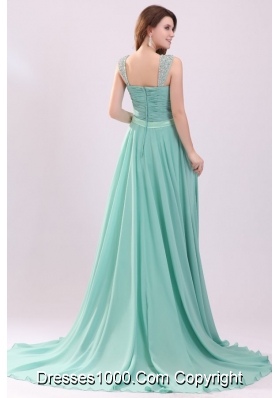 Beaded Wide Straps A-line Chiffon Prom Dress with Tail for Ladies