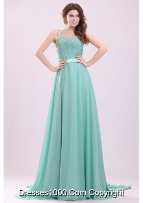 Beaded Wide Straps A-line Chiffon Prom Dress with Tail for Ladies