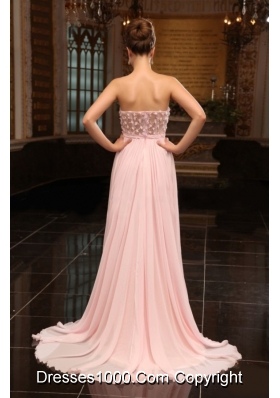 Strapless Appliques Ruching Brush Train Prom Formal Dress in Baby Pink