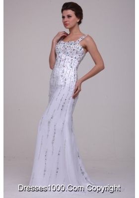 Sassy White Straps Column Prom Dresses Decorated with Beading