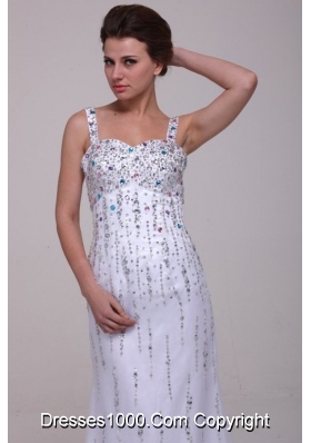 Sassy White Straps Column Prom Dresses Decorated with Beading