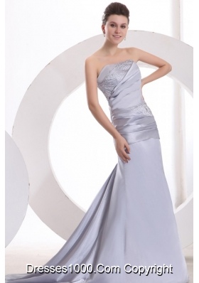 Ruching and Beading Strapless Prom Dresses with Watteau Train