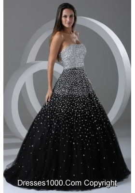 Black and Silver Puffy Organza Prom Cocktail Dress with Paillettes