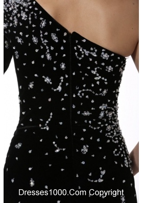 Chic Black Half Sleeve Slit Prom Pageant Dress with Sweep Train