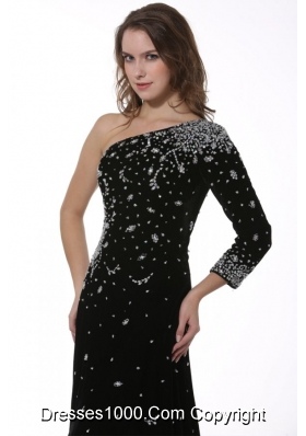 Chic Black Half Sleeve Slit Prom Pageant Dress with Sweep Train