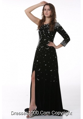 Chic Black Half Sleeve Slit Prom Pageant Dress with Sweep Train