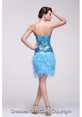 Column Knee-length Feathers and Sequins Blue Prom Party Dress