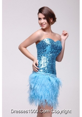 Column Knee-length Feathers and Sequins Blue Prom Party Dress