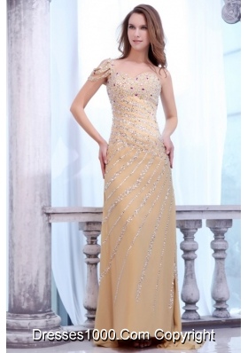 Champagne Column Beaded Brush Train Prom Dresses for Women