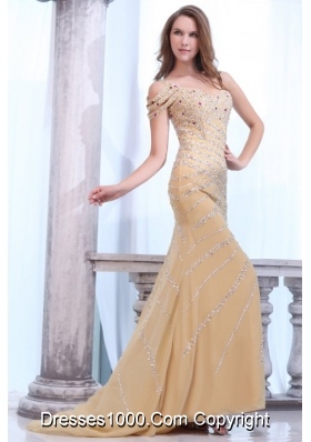 Champagne Column Beaded Brush Train Prom Dresses for Women