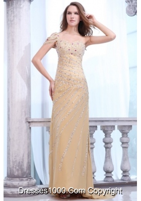 Champagne Column Beaded Brush Train Prom Dresses for Women