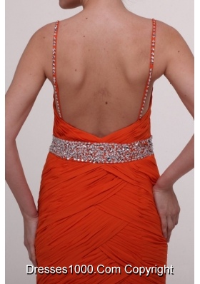 Rust Red Spaghetti Straps Ruche and Sequins Prom Dress for Girls