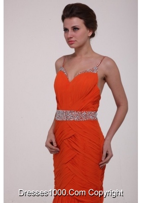 Rust Red Spaghetti Straps Ruche and Sequins Prom Dress for Girls