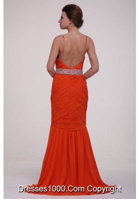 Rust Red Spaghetti Straps Ruche and Sequins Prom Dress for Girls