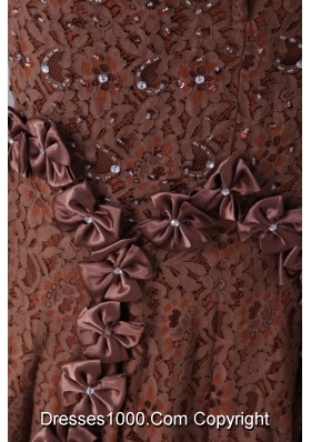 Brown Sheath Hi-lo Lace Dresses for Prom with Beaded Bowknots