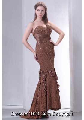 Brown Sheath Hi-lo Lace Dresses for Prom with Beaded Bowknots