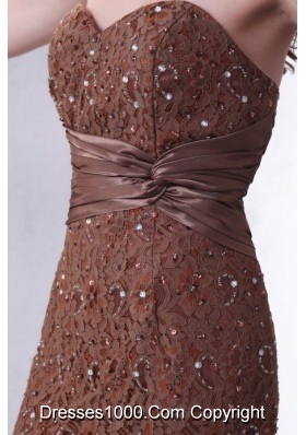 Brown Sheath Hi-lo Lace Dresses for Prom with Beaded Bowknots