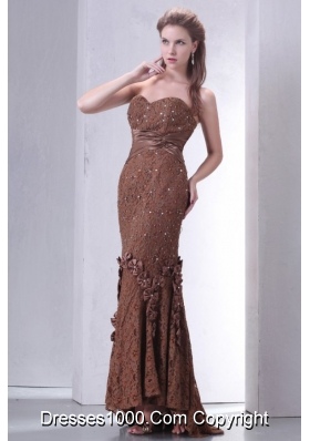 Brown Sheath Hi-lo Lace Dresses for Prom with Beaded Bowknots