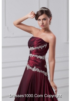 Burgundy A-line Appliques and Ruching Court Train Prom Dress