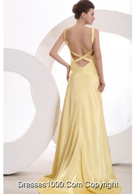 V-neck A-line Yellow Cool Back Prom Dresses with Tail for Girls