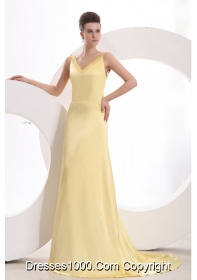 V-neck A-line Yellow Cool Back Prom Dresses with Tail for Girls