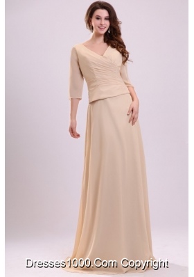 Half Sleeves V-neck A-line Champagne Chiffon Prom Formal Dress