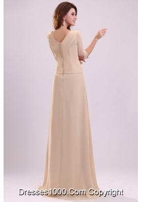 Half Sleeves V-neck A-line Champagne Chiffon Prom Formal Dress