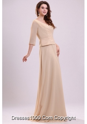 Half Sleeves V-neck A-line Champagne Chiffon Prom Formal Dress