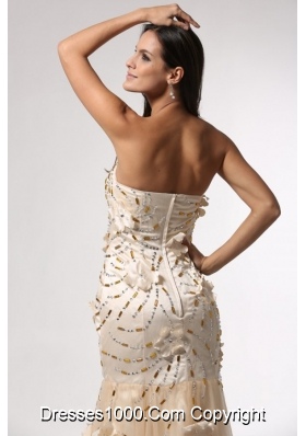 Champagne Column Prom Gown Dress with Floral Embellishment