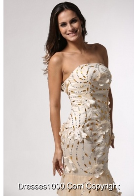 Champagne Column Prom Gown Dress with Floral Embellishment