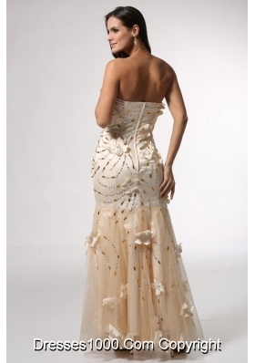 Champagne Column Prom Gown Dress with Floral Embellishment