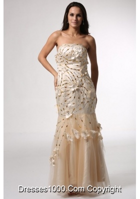 Champagne Column Prom Gown Dress with Floral Embellishment