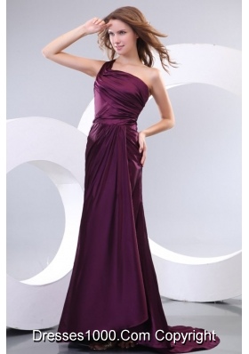 Single Shoulder Ruching Purple Prom Dresses with Sweep Train