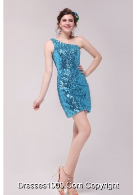 One Shoulder Mini-length Blue Sequin Prom Graduation Dresses