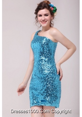 One Shoulder Mini-length Blue Sequin Prom Graduation Dresses