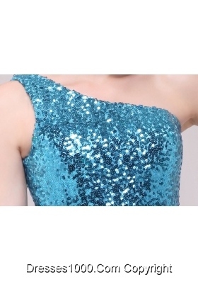 One Shoulder Mini-length Blue Sequin Prom Graduation Dresses