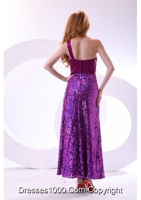 Purple One Shoulder Ankle-length Prom Gown Dress with Sequins