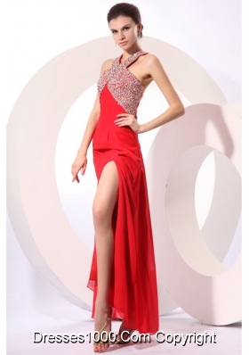 Paillettes Decorated High Slit Red Taffeta Prom Dress for Women