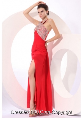 Paillettes Decorated High Slit Red Taffeta Prom Dress for Women